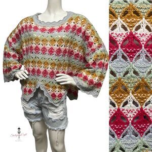 UMGEE Crochet Knit Top Sweater Asymmetric Scalloped Bell Sleeve OVERSIZED M or L